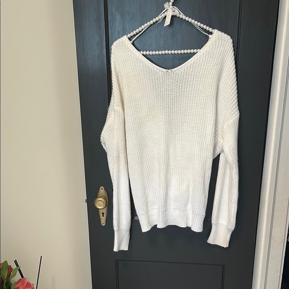 White V-Neck Knit Sweater with Relaxed Fit - Picture 1 of 3